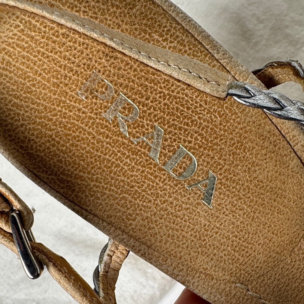 PRADA Woven Wicker Wedge Sandals Metallic Silver Braided Strap 4.5" Heel BOHO 38 - Picture 3 of 16